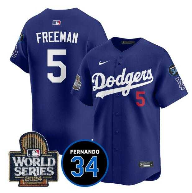 Men%27s Los Angeles Dodgers #5 Freddie Freeman Royal 2024 World Series With Fernando Memorial Patch Limited Stitched Jersey Dzhi
